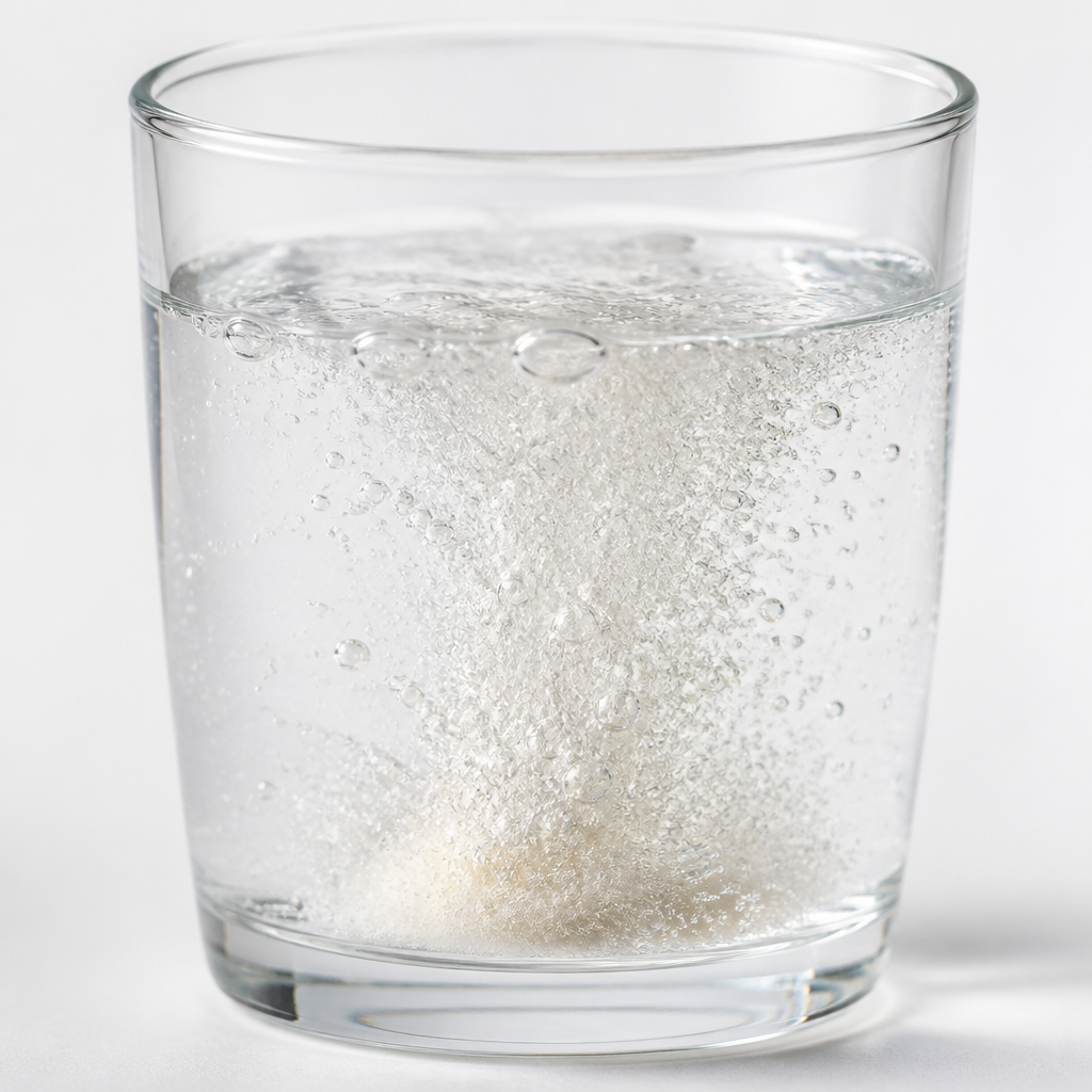 Electrolyte supplement dissolving in water, symbolizing energy metabolism and nutrient absorption