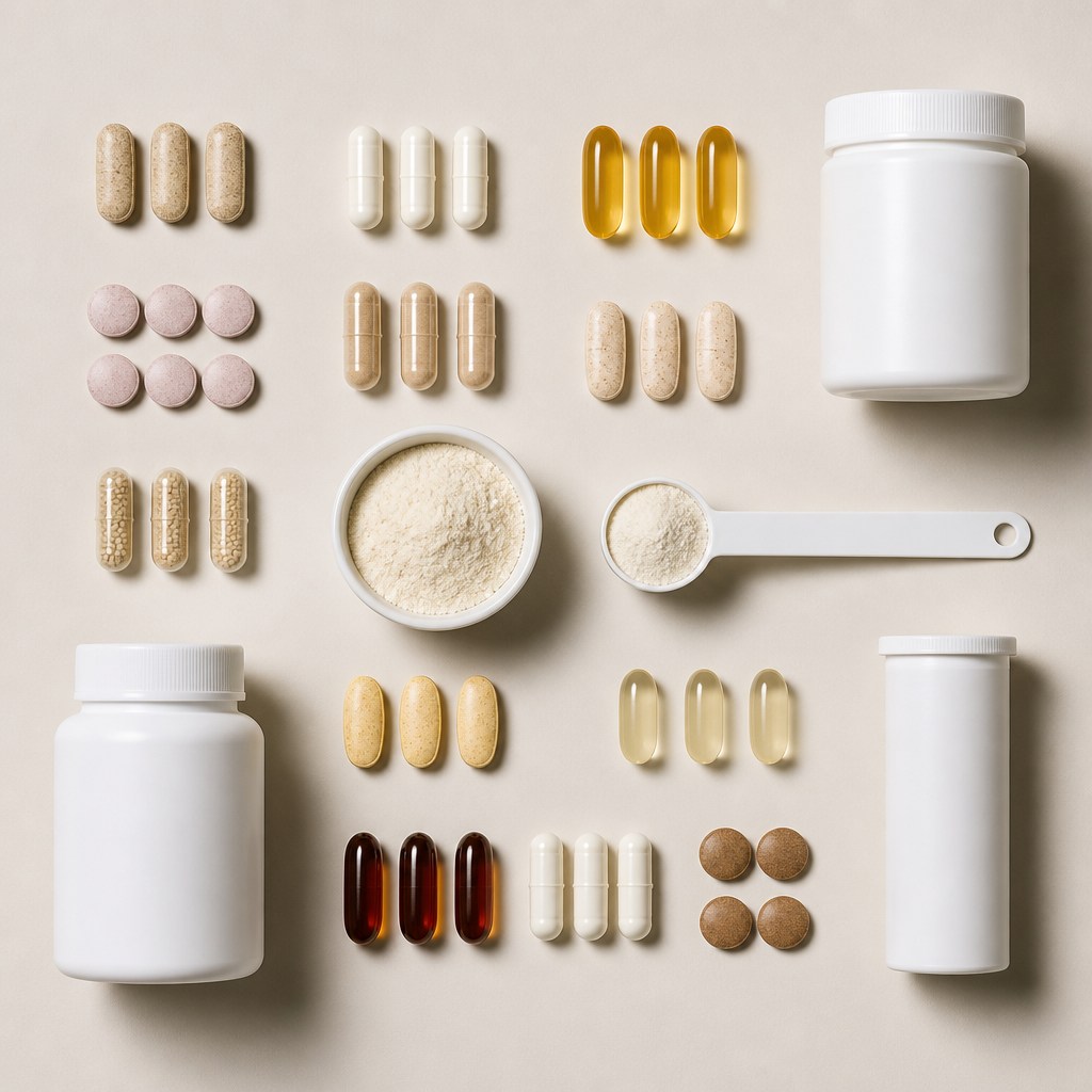 Variety of multivitamin capsules and tablets arranged in a geometric pattern, representing comprehensive micronutrient supplementation for athletes