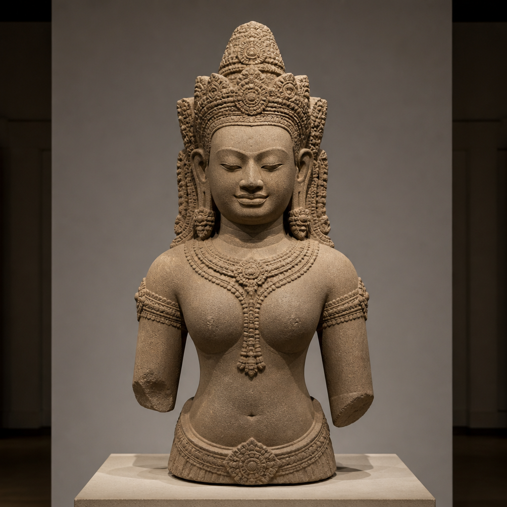 Cambodian devata sculpture displayed on pedestal with intricate sandstone carving and ornate headdress.