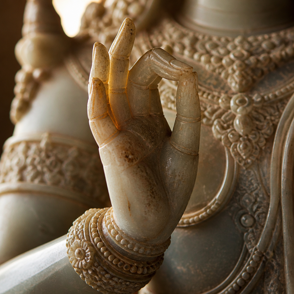 Close-up of carved hands and ornamental jewelry on Khmer divine figure.