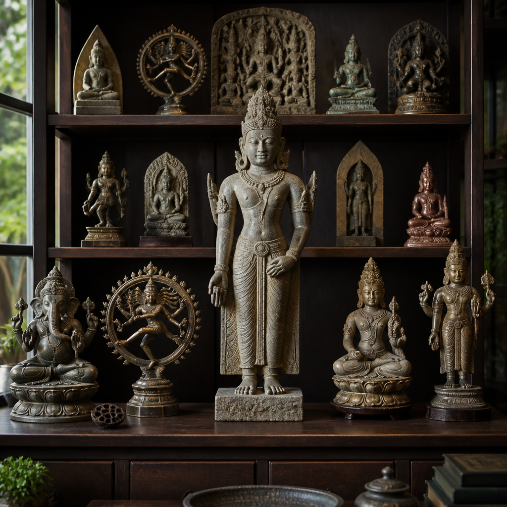 Curated collection of Asian religious sculptures including Cambodian devata and Hindu deities on wooden shelving.