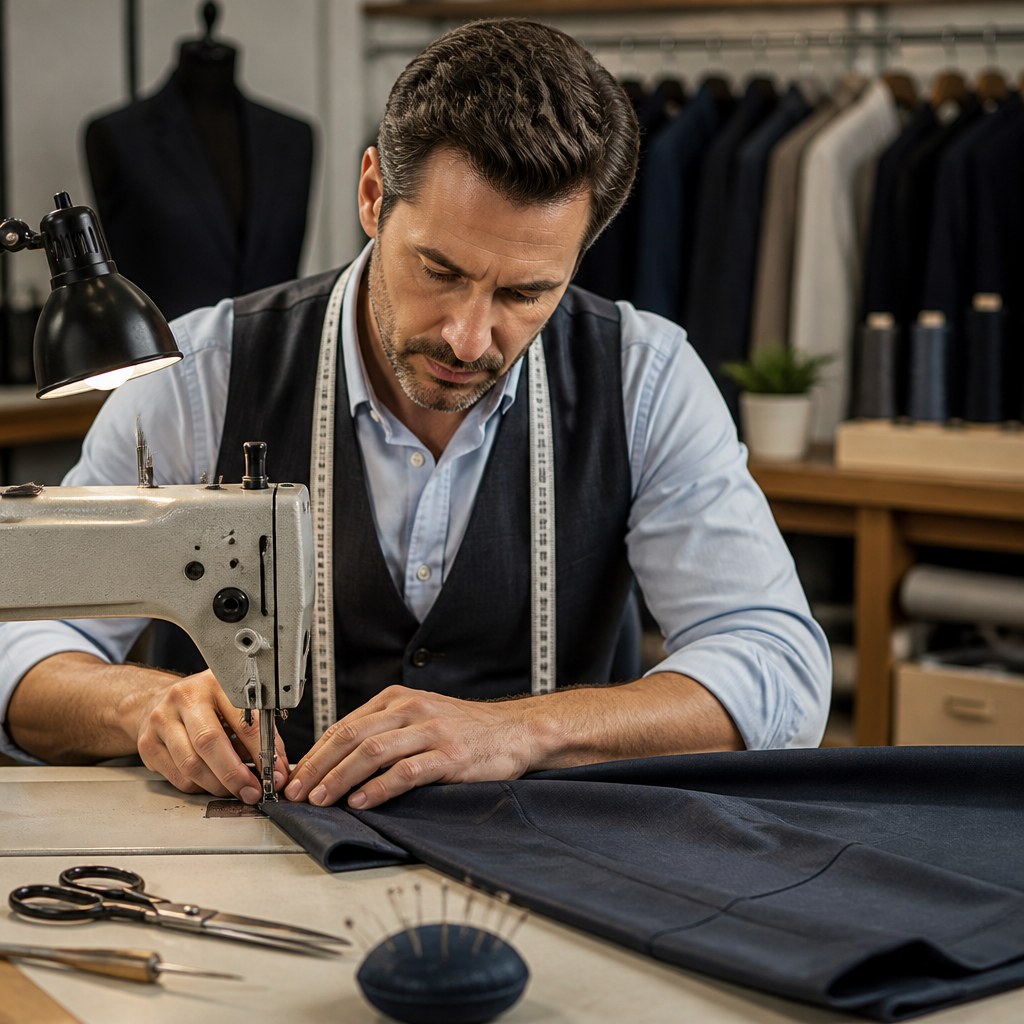 A tailor performs a professional pant hem on work pants, highlighting expert alterations.