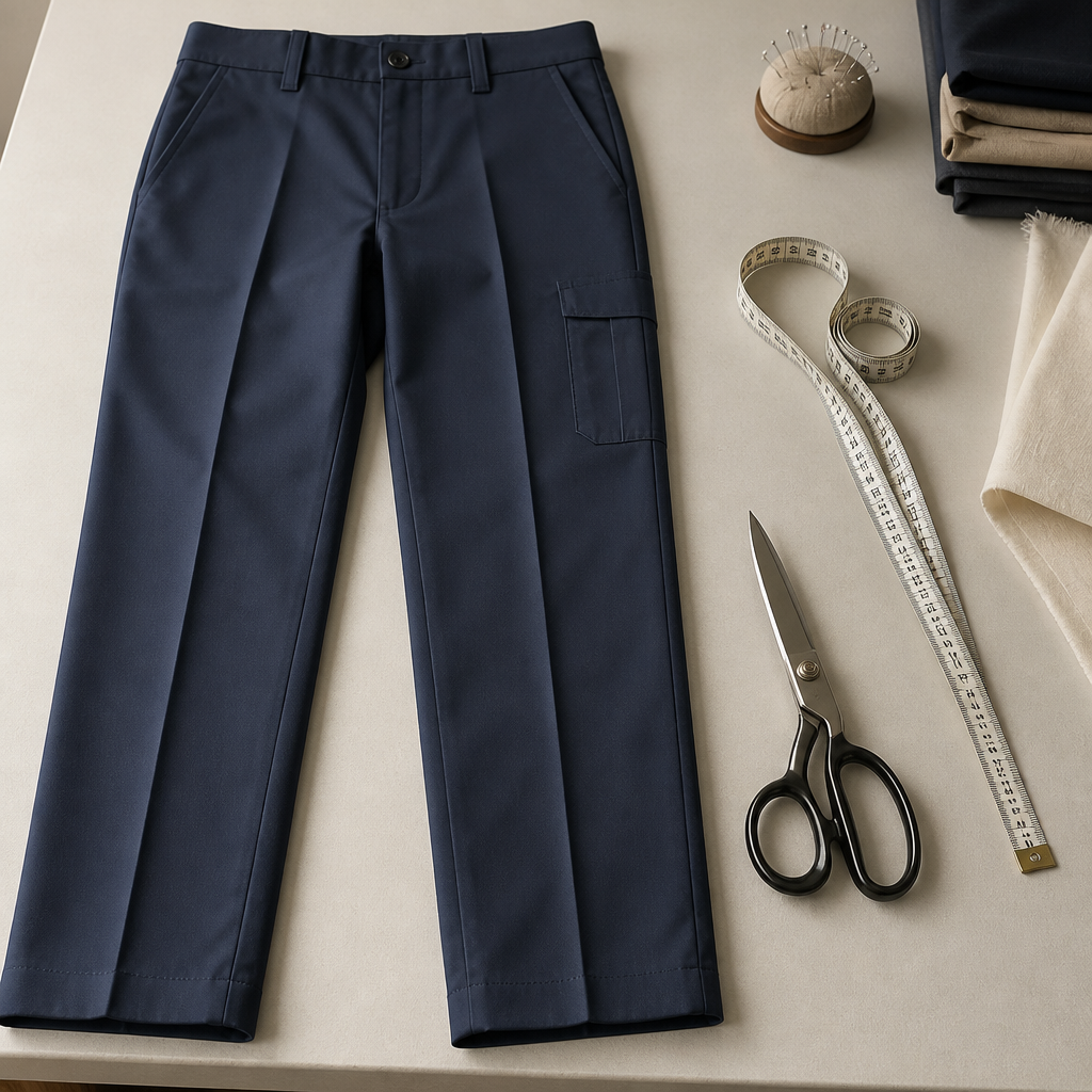 Work pants neatly displayed with tape measure and scissors, emphasizing the importance of precise hemming.