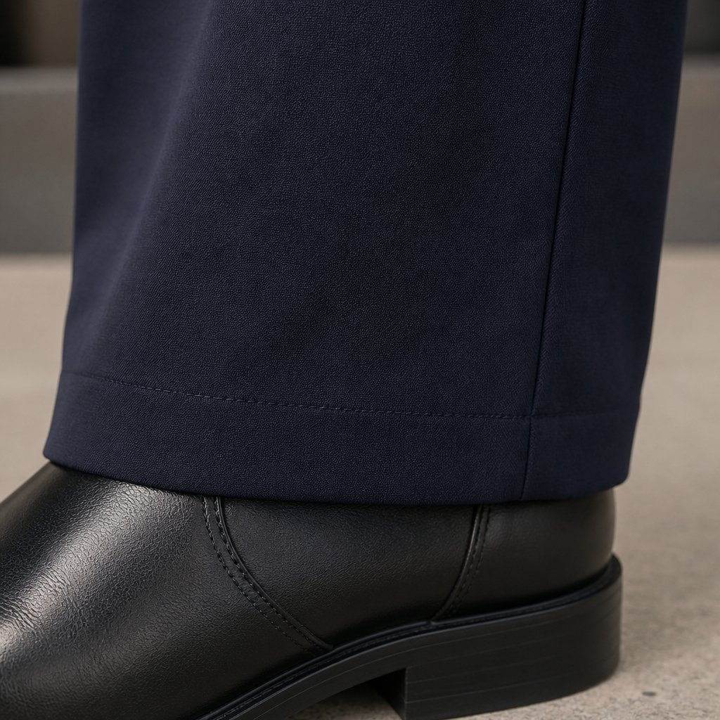 Close-up of a professionally finished pant hem, showcasing quality alterations for work wear.
