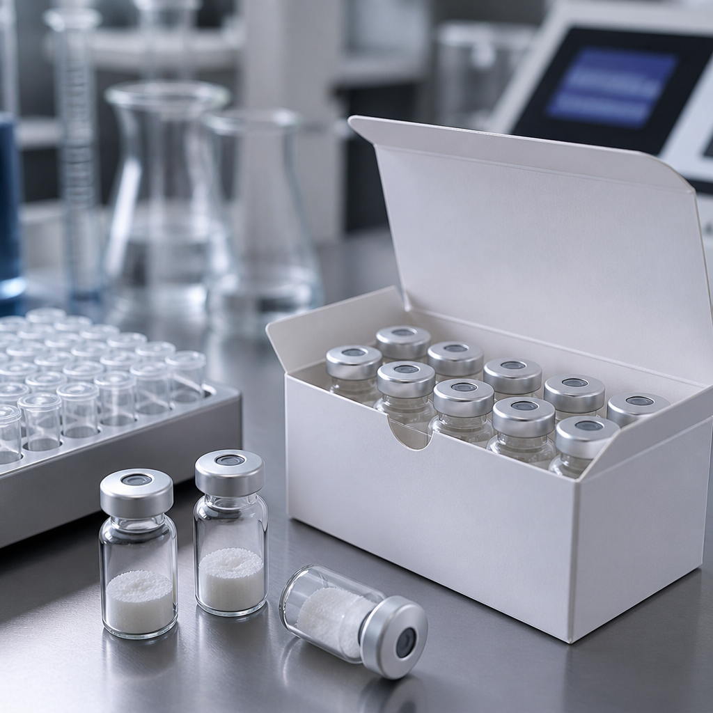 High-purity lyophilized peptide products for biochemical research in a lab.
