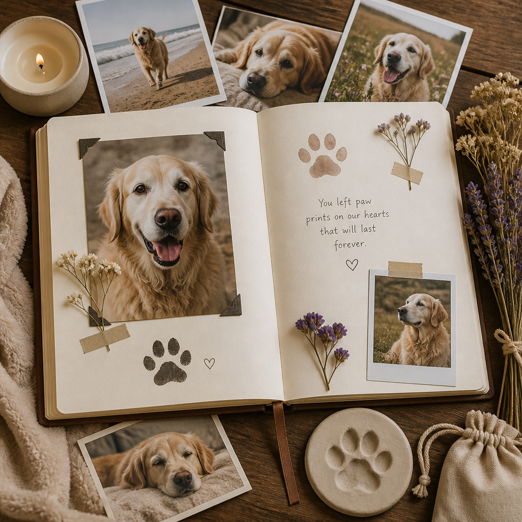 A pet memory book surrounded by photos and keepsakes honoring a deceased pet.
