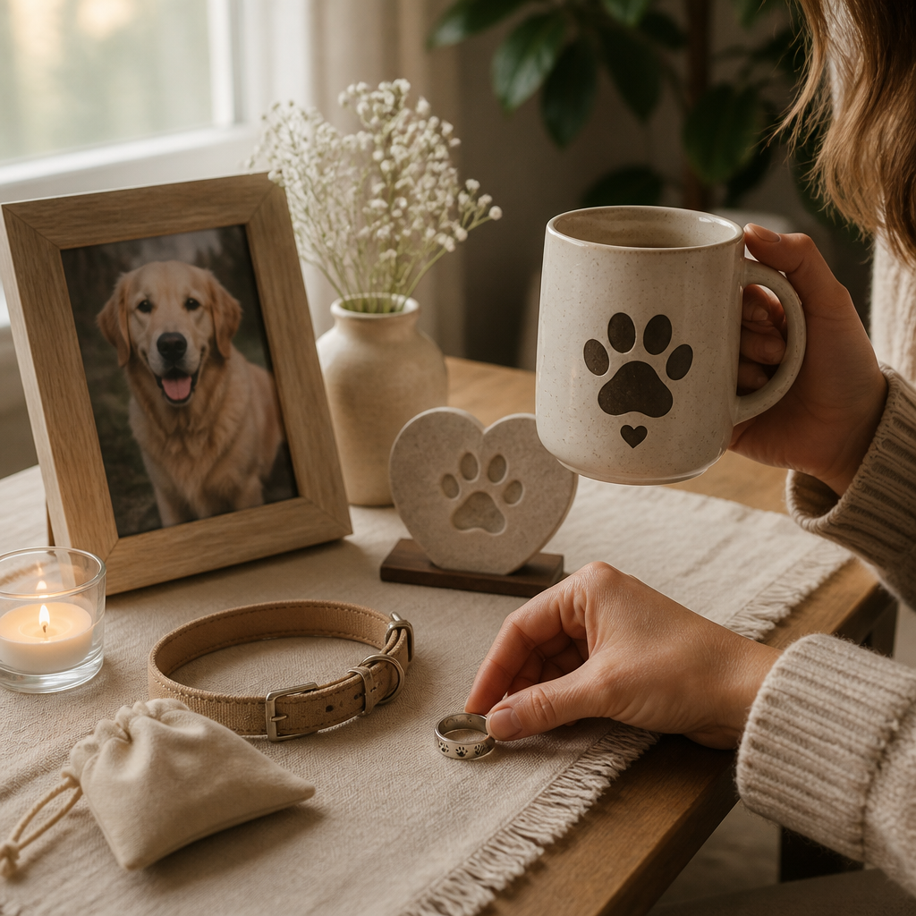 A person preparing memorial items as a heartfelt tribute to their lost pet.