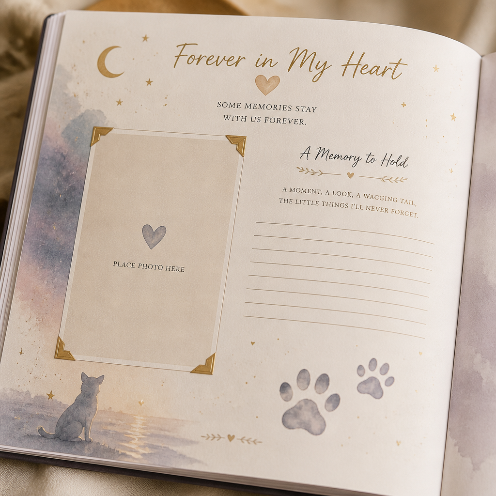 A close-up of a memory book page dedicated to a cherished pet.