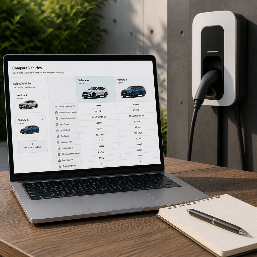 Laptop showing EV comparison tool next to a notepad, emphasizing electric vehicle research.