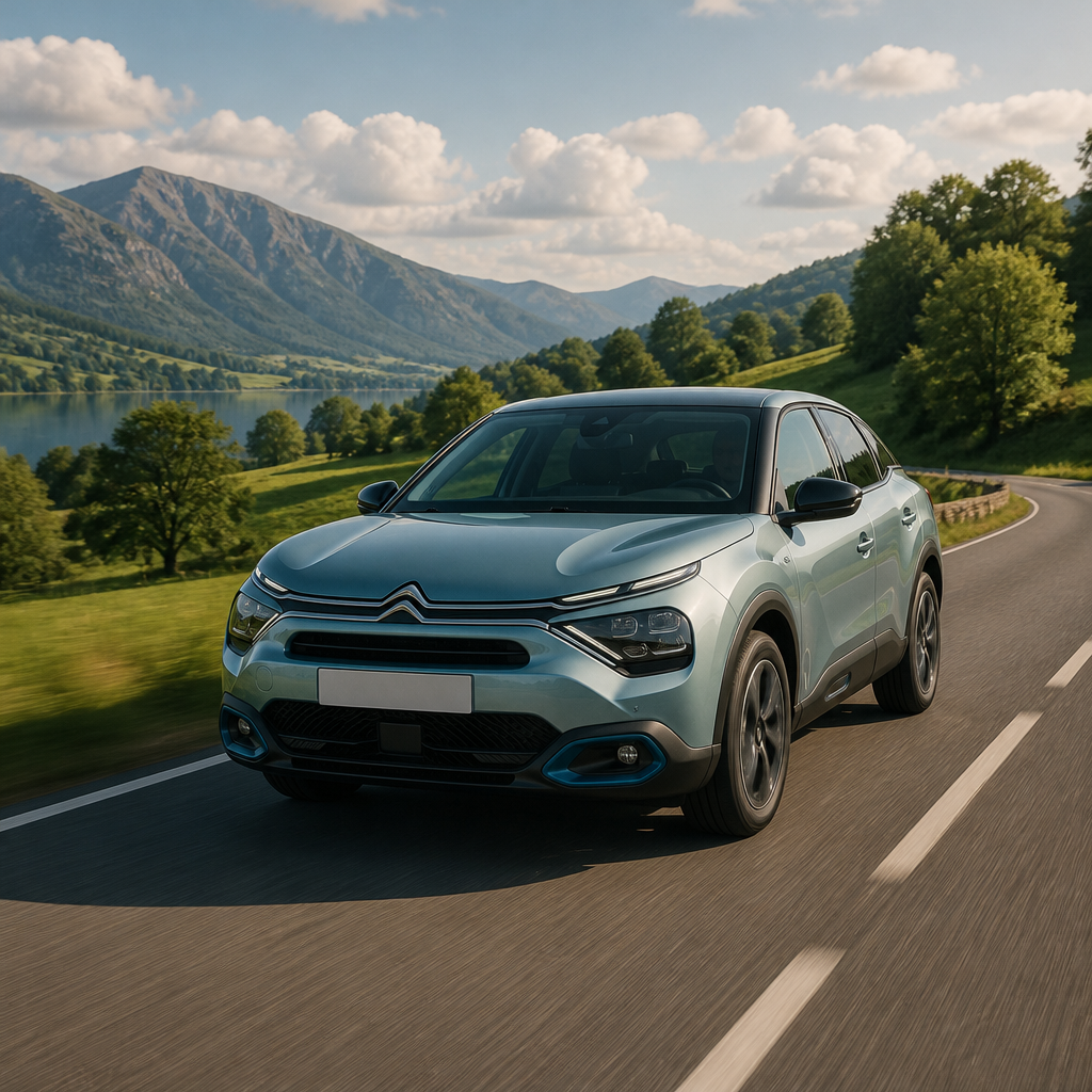 Citroën ë-C4 driving on a scenic European road, representing entry-level electric cars.