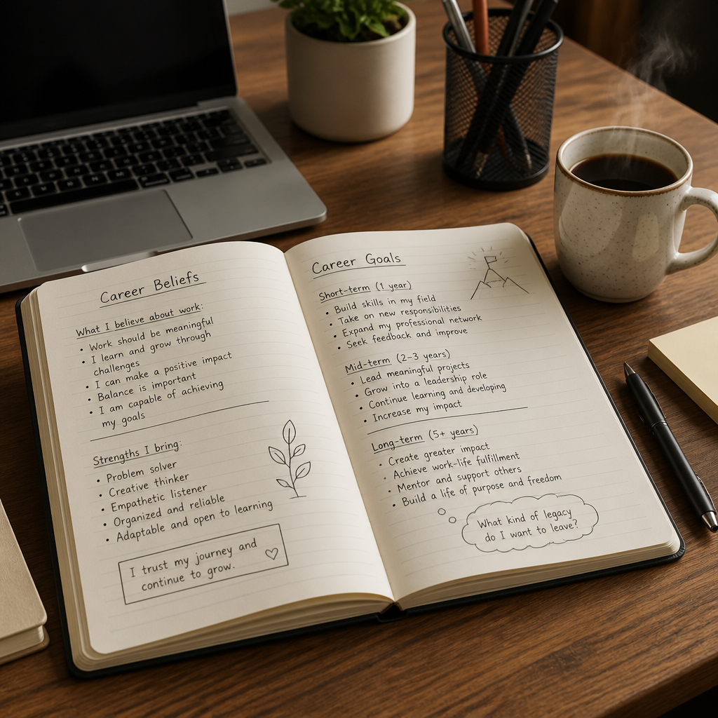 A workspace illustrating career beliefs with notes, coffee, and a laptop.