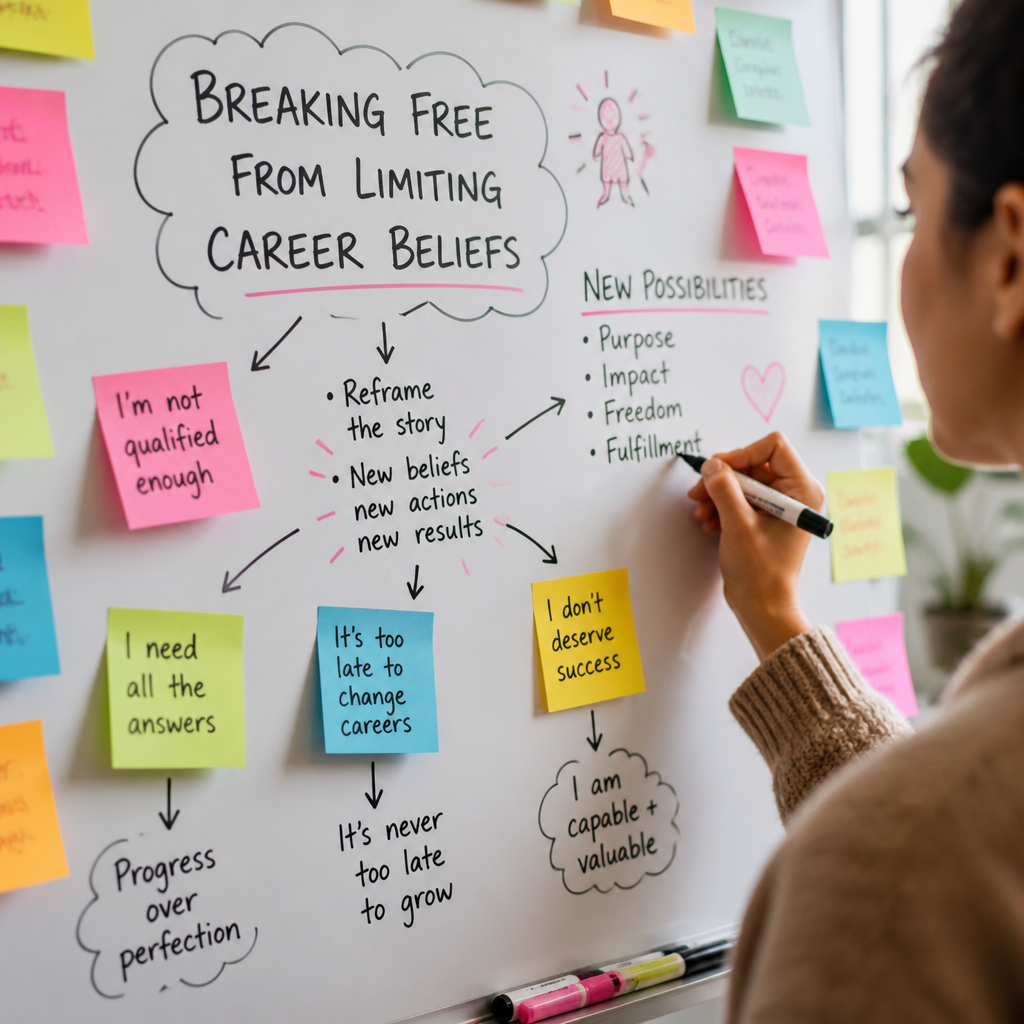 A brainstorming session on career beliefs, featuring sticky notes and a whiteboard.