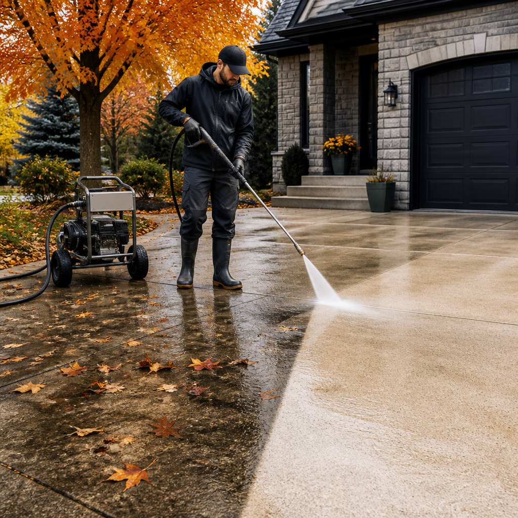 Power washing concrete driveway in Ontario before winter to prevent freeze-thaw damage.