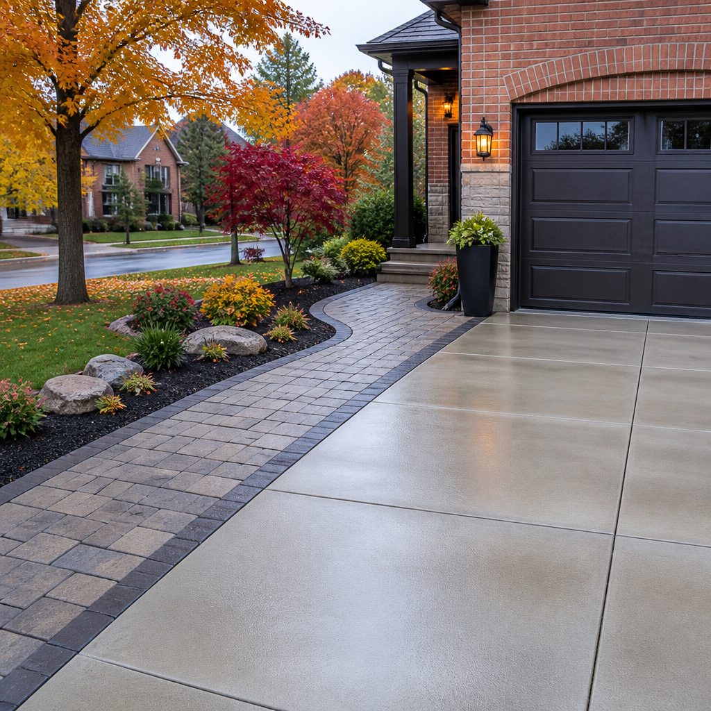 Clean concrete and interlock driveway ready for winter in an Ontario neighborhood.