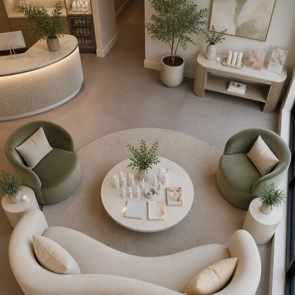 Overhead view of a modern spa waiting lounge with treatment information materials.