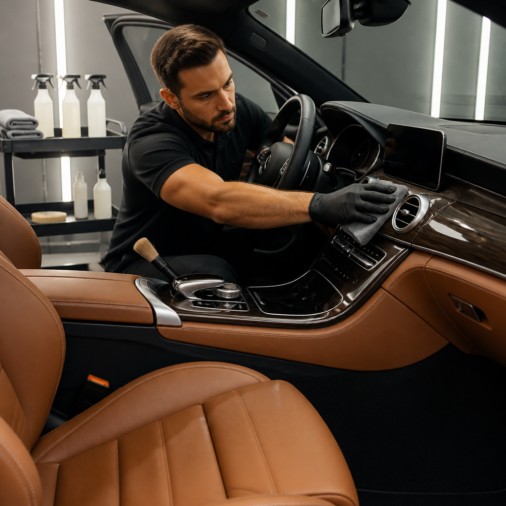 Luxury car interior being professionally detailed with care and precision.