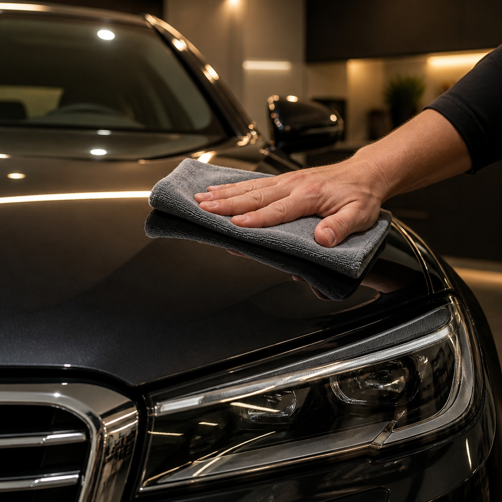 Detailing process showing dust removal from a luxury vehicle in a garage.