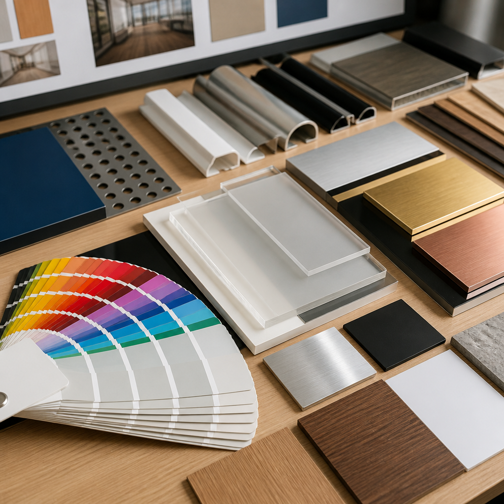 Various signage colour choices displayed on a design table for corporate branding.