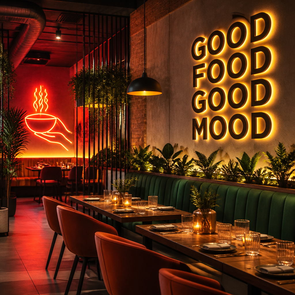 Restaurant interior with neon signs and channel lettering illustrating branding in customer behaviour signage.