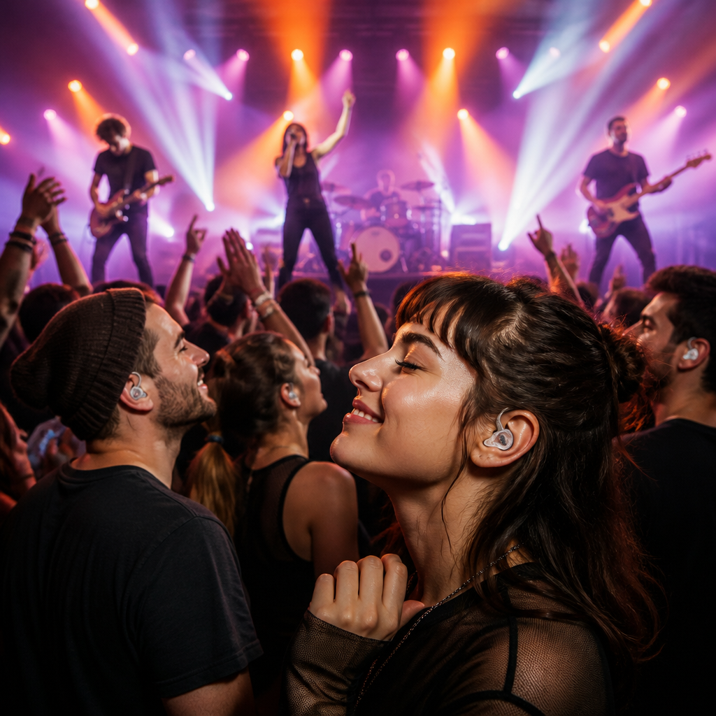 Concert-goers wearing earplugs, savoring high-fidelity music experience.