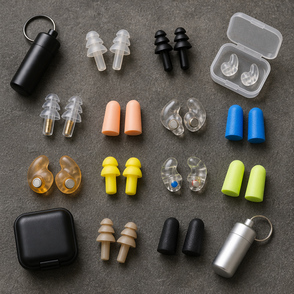 Different types of earplugs arranged to illustrate options for noise protection.