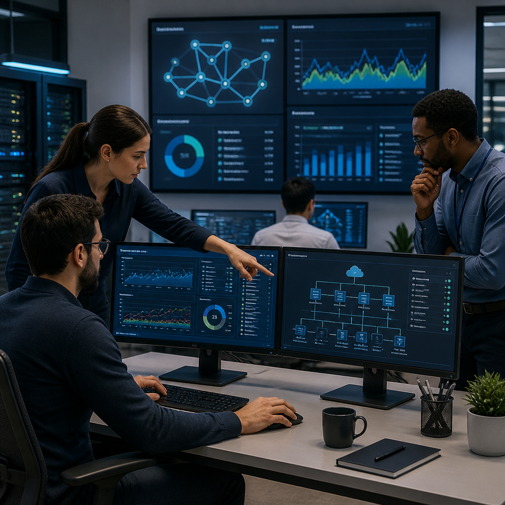 IT professionals managing network support London in a modern office.