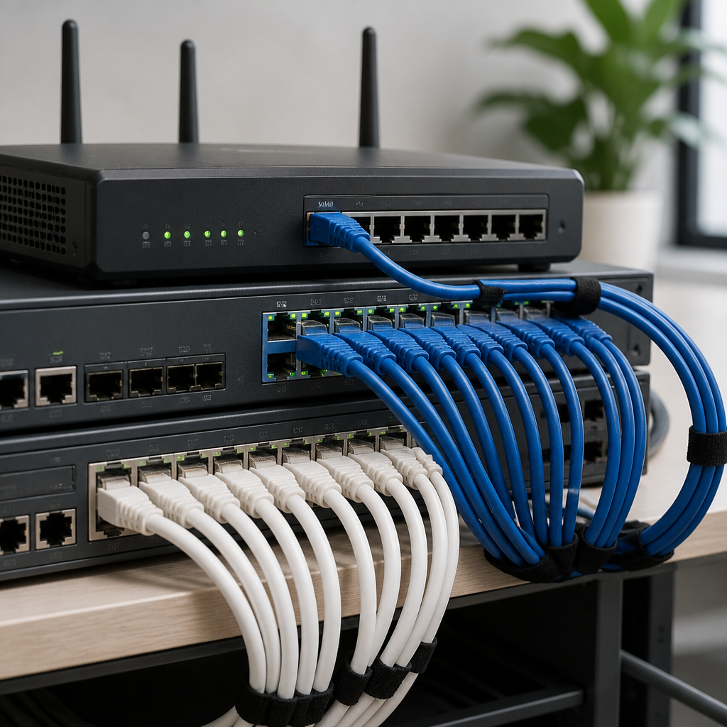 Neatly organized office network installation equipment on a workspace.