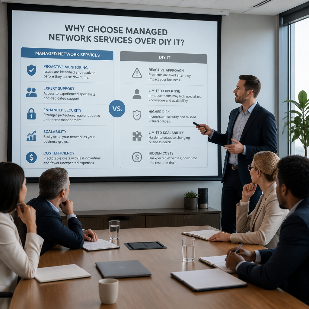 Business leaders discussing managed network services in a conference room.