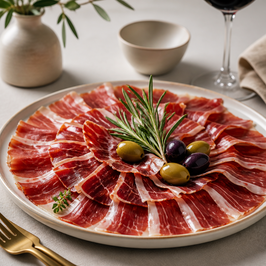 Gourmet platter with slices of Iberian ham, olives, and herbs for a luxurious regalo gourmet.
