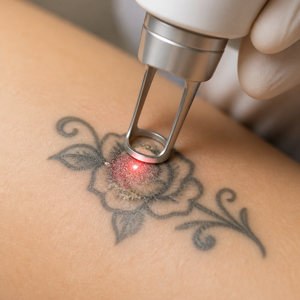 Precision tattoo removal process using advanced laser technology in a clinical setting.