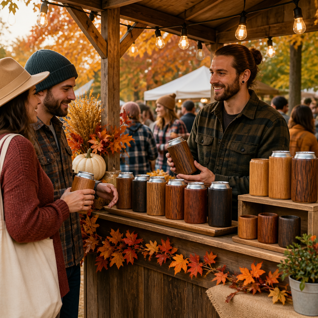 Harvest festival accessories displayed at a vendor booth, highlighting eco-friendly can insulators.