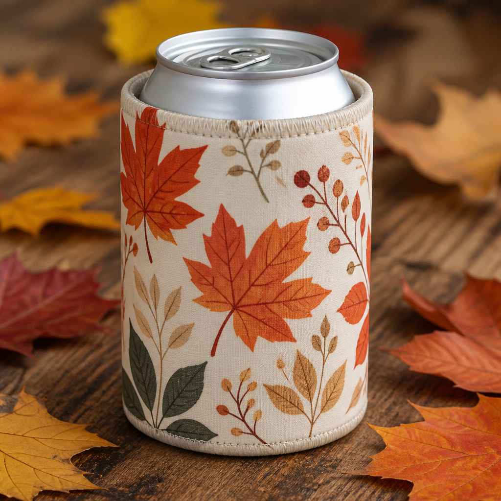 Close-up of a hardwood can sleeve decorated with a fall motif.