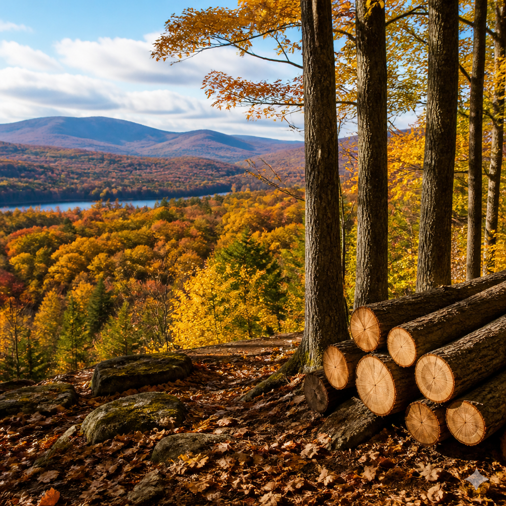Vermont forest in autumn, showcasing the sustainably sourced hardwood for eco-friendly products.