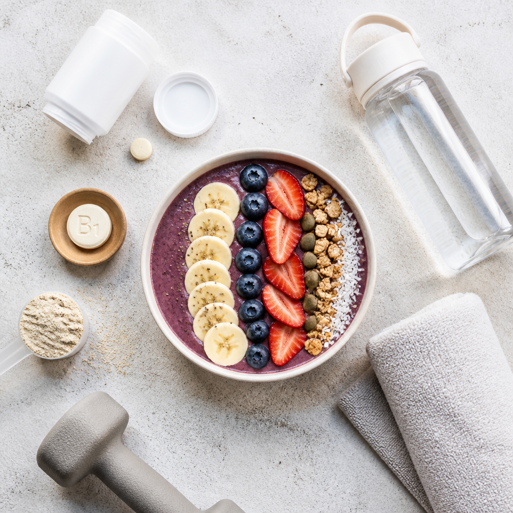 A nutrition-focused flat lay for athletes with smoothie, vitamins, and hydration essentials promoting performance.