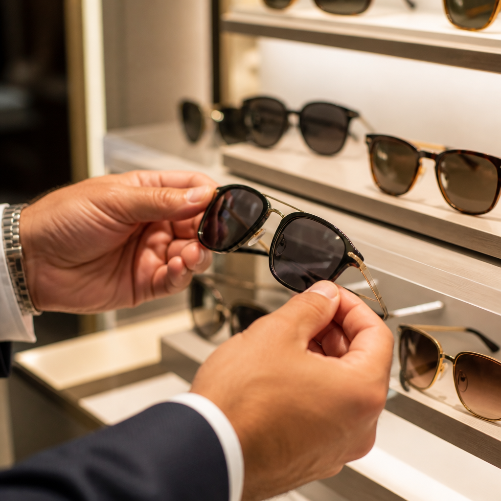 A man choosing designer sunglasses gifts in a luxury eyewear store.