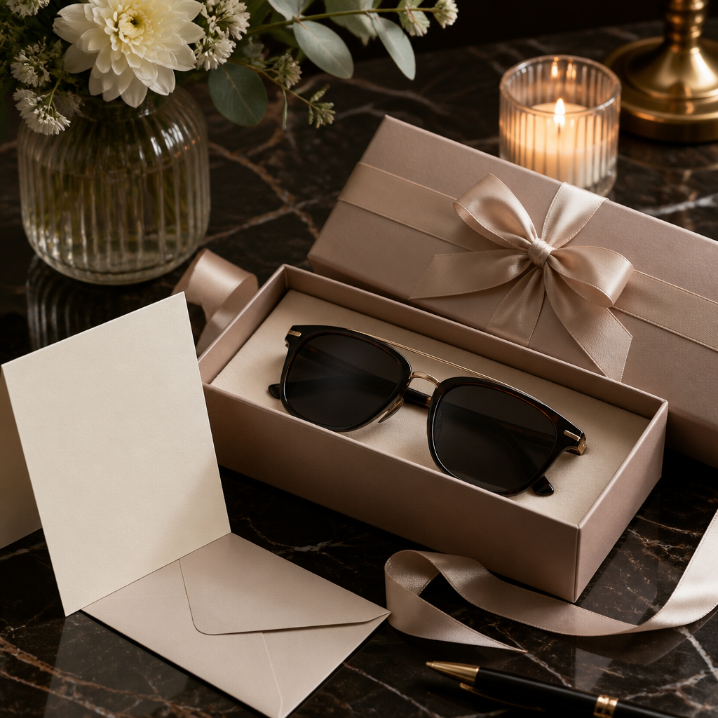 A beautifully wrapped eyewear gift box ready for gifting.