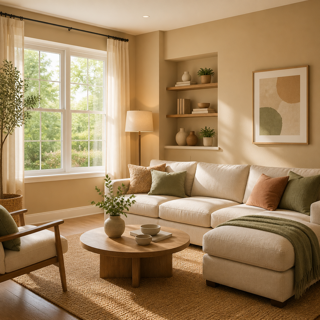 A warm beige living room illustrating colour psychology in interior painting.