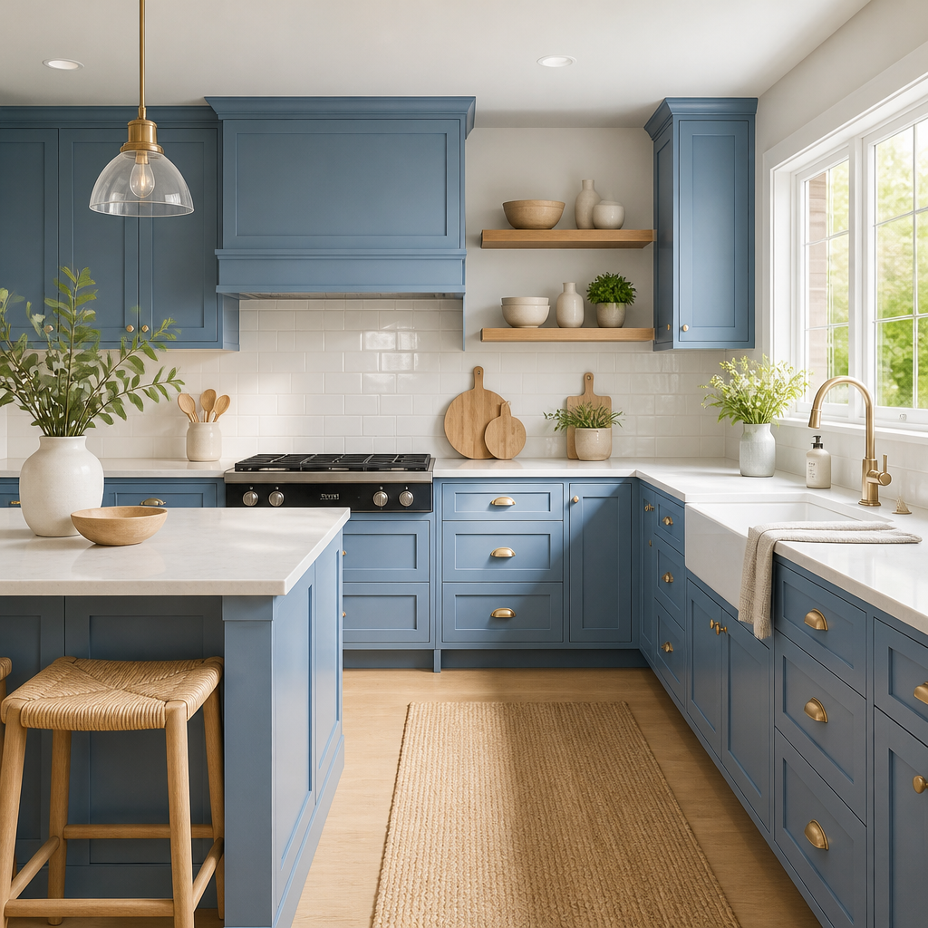 A kitchen with cool blue cabinets representing the mood effects of paint colours.