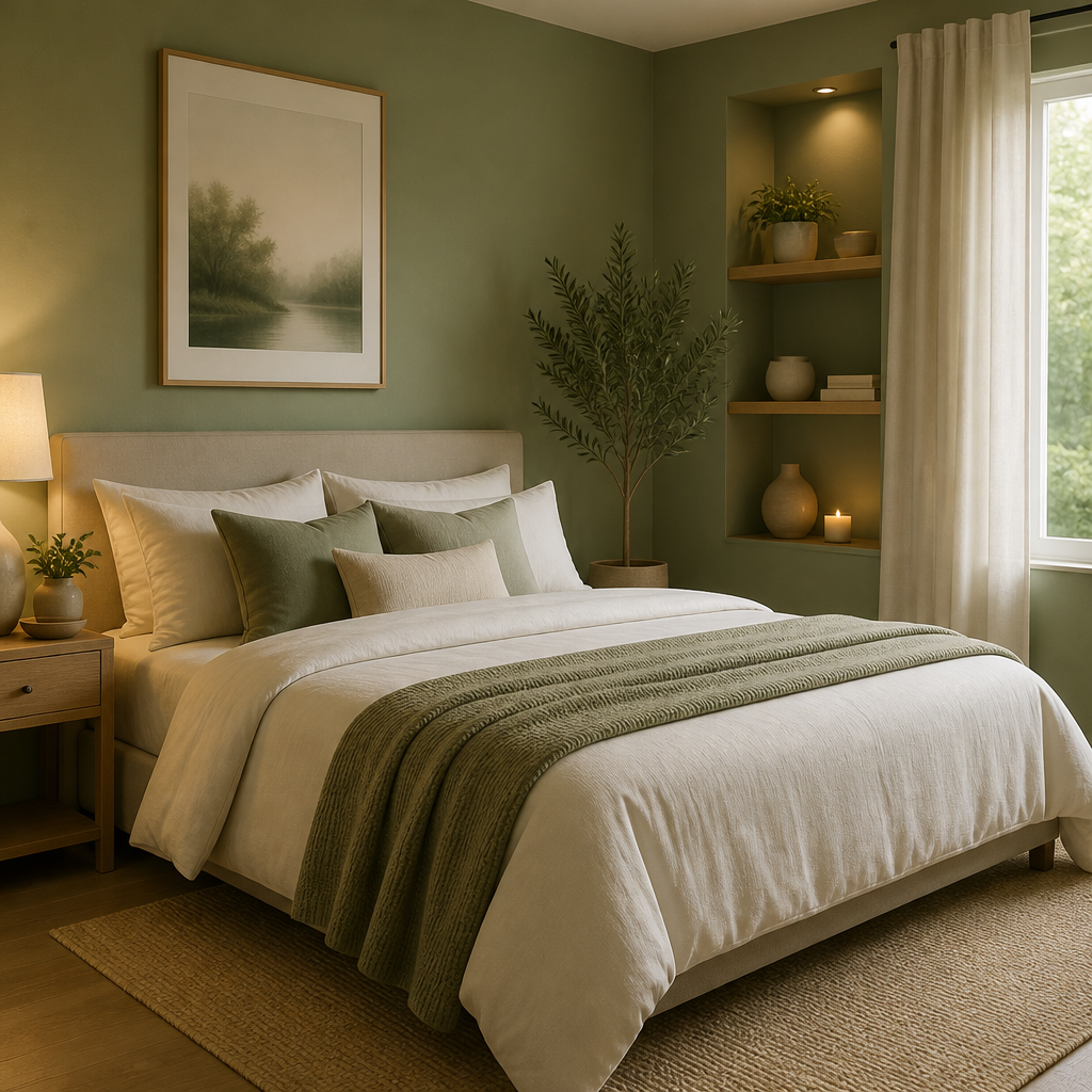 A calming green bedroom designed to promote relaxation through colour.