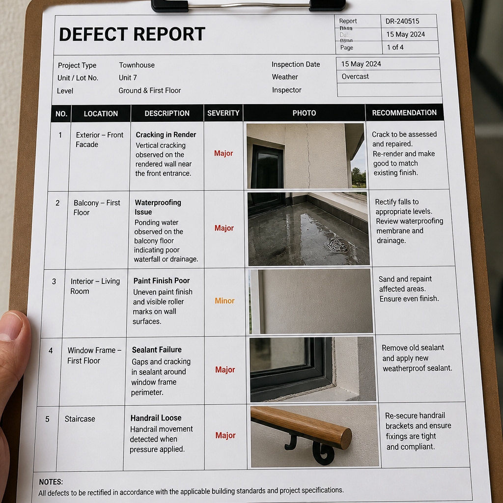 Photo-enhanced defect report showcasing issues discovered during a townhouse inspection.