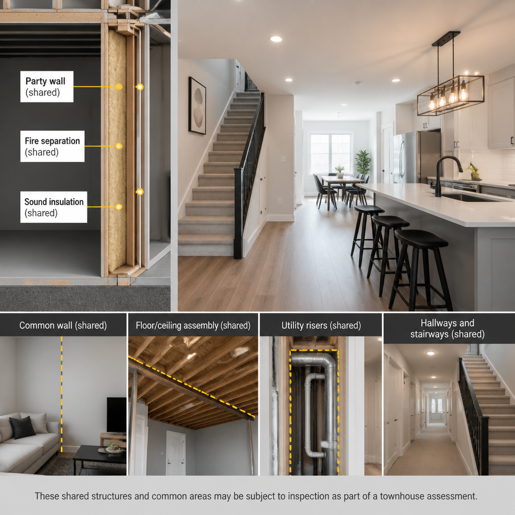 Interior of a new townhouse, emphasizing shared wall and communal design features.
