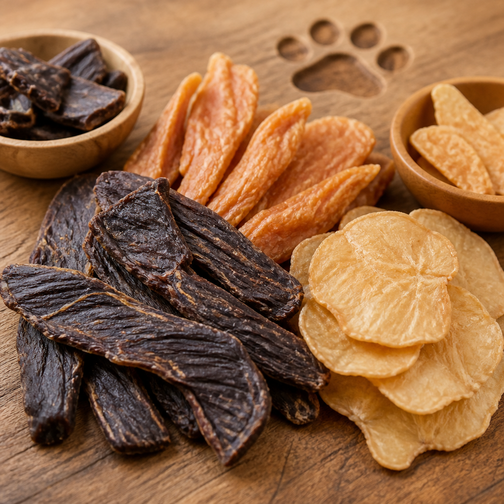 A close-up of premium natural dog treats showcasing different flavors for switching dog treats naturally.