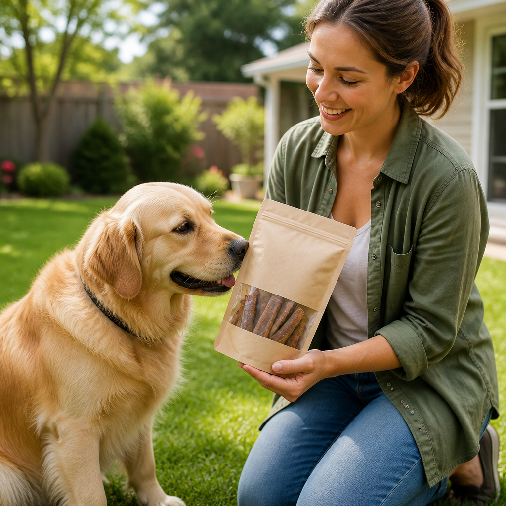 A dog eagerly sniffs a bag of natural treats in a sunny backyard.