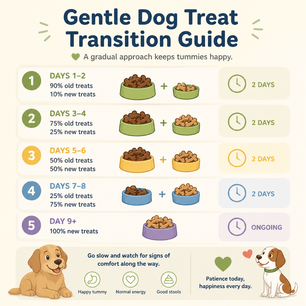 An illustrated guide showing steps for a gentle dog treat transition for better digestion.