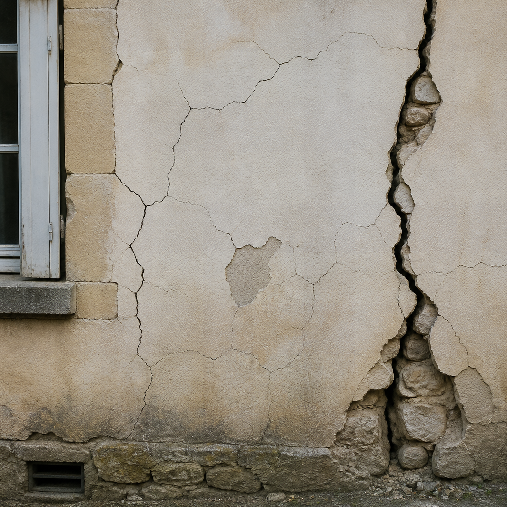 Cracked wall in Côte-d'Or highlighting expert fissures diagnostic methods.