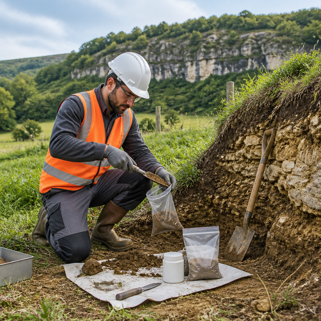 Geotechnical engineer performing soil analysis in Côte-d'Or.