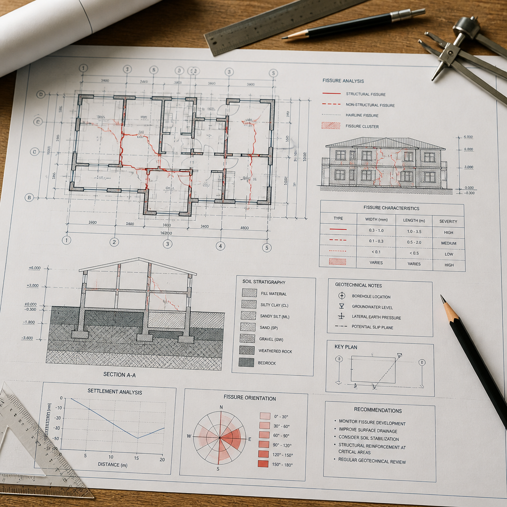 Blueprint showing structural analysis and fissure diagnosis techniques.