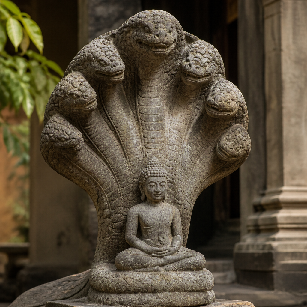 Carved stone naga statue with hooded serpent heads rising behind a seated Buddha in a Southeast Asian temple setting