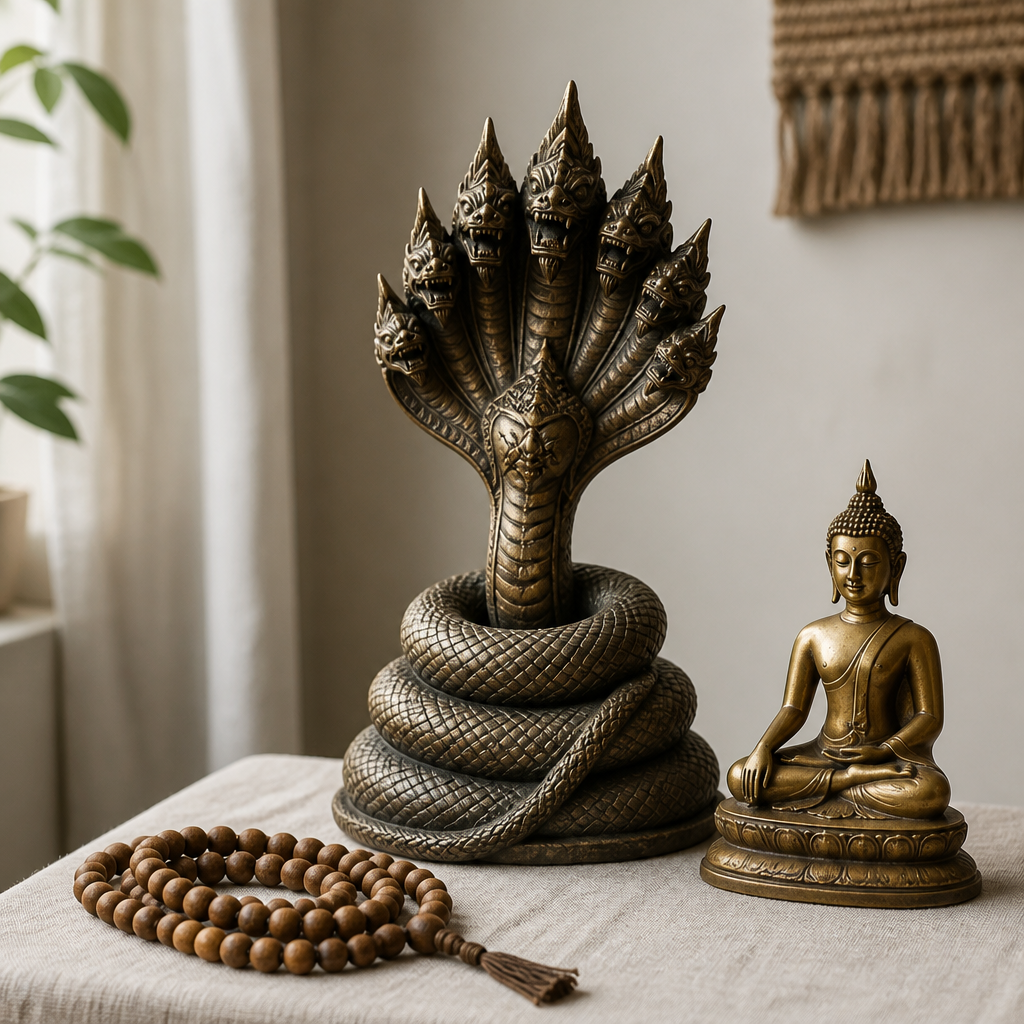 Bronze naga statue with coiled serpent body displayed beside a small Buddha figure on a linen-covered table