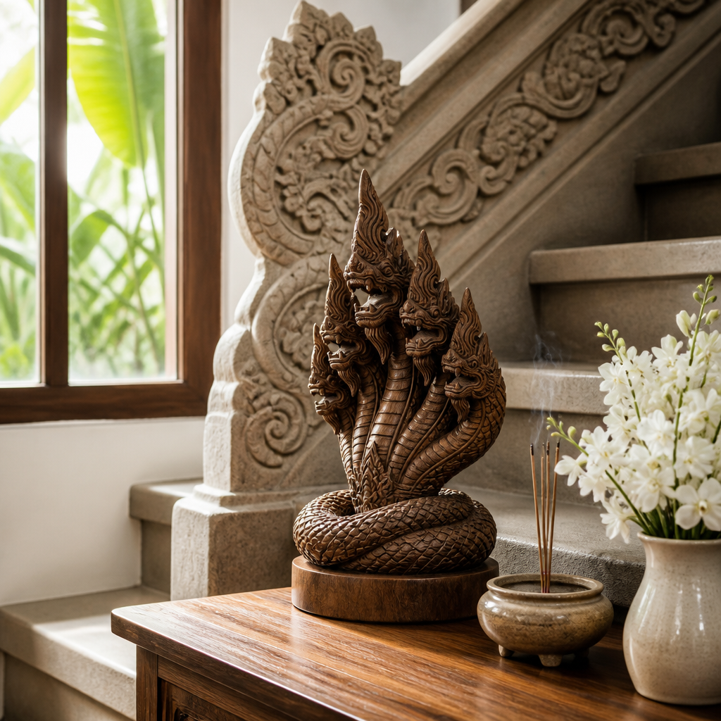 Carved wooden naga sculpture set on a home altar beside incense and white flowers in warm morning light